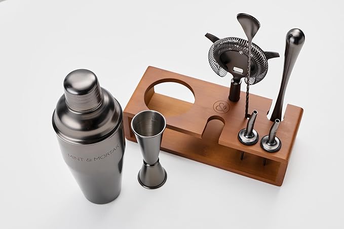 Mint & Mortar Cocktail Shaker Set, 7-Piece Bartender Kit with Stand, 24oz Martini Shaker Bottle Stainless Steel Bar Tools, Home Bar Accessories Drink Mixer, Barware Gift Set - Gunmetal