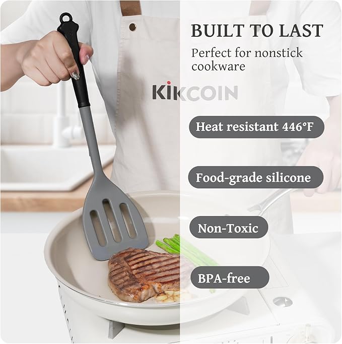 Kikcoin 43Pcs Large Kitchen Utensils Set - Silicone Cooking Utensils Set, Dishwasher Safe Spatula Set for Non-stick Cookware, 446°F Heat Resistant Kitchen Utensils Set with Holder BPA Free, Grey