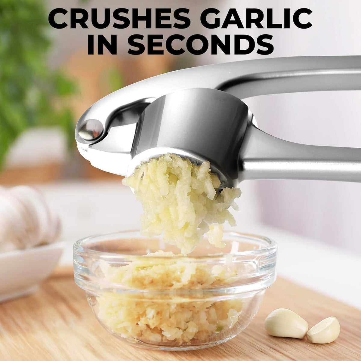 Zulay Kitchen Large Premium Garlic Press Set - Bigger Bowl for Bigger Garlic - Rust Proof & Dishwasher Safe Garlic Mincer Tool - Easy-Squeeze, Easy-Clean Silicone Garlic Peeler & Brush (Chrome)