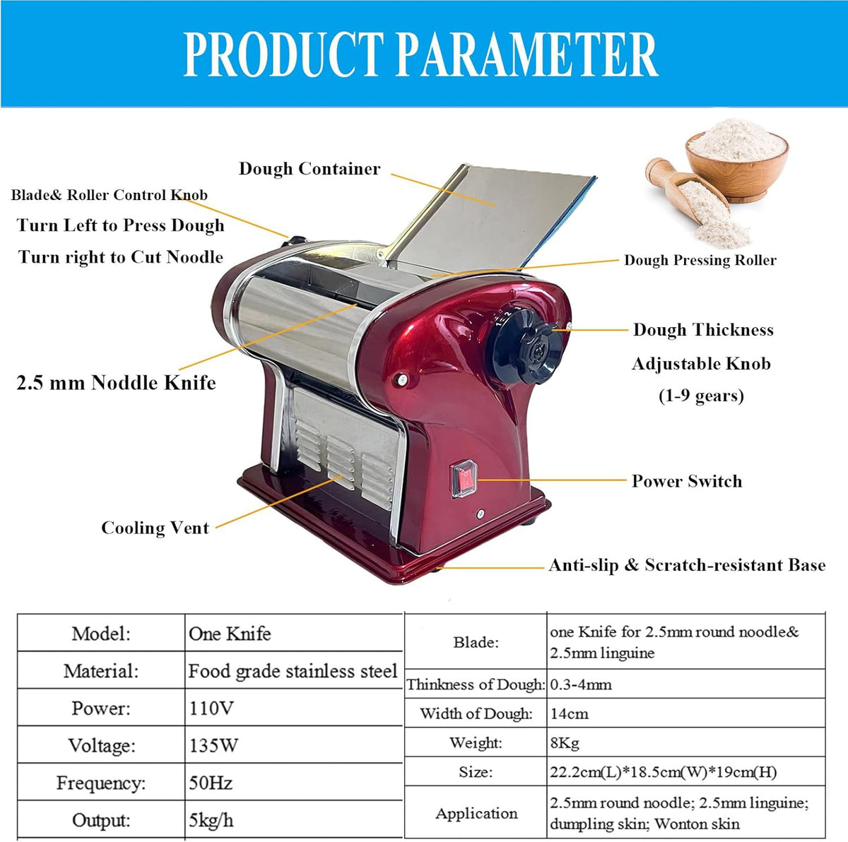 XINGYUEXUAN Electric Pasta Maker Noodle Machine with 1 Blades of 2.5 mm Round, 9 Gear Thickness Adjustment 0.3-4 mm for Pasta Noodle Dumpling (red)