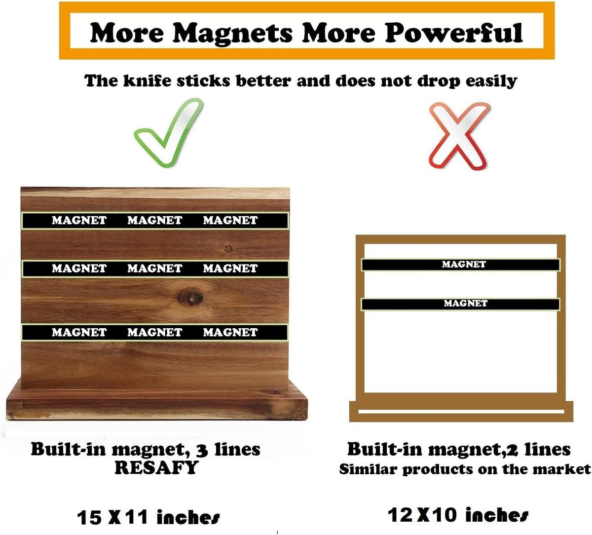 Resafy Large Magnetic Knife Holder,Acacia Wooden Magnetic Knife Block 16 X 12 Inches,Rack Magnetic Universal Stands with Strong Enhanced Magnets Strip Kitchen Storage Cutlery Organizer Without Knifves