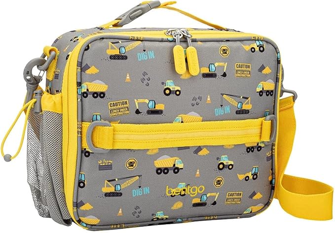 Bentgo Kids Lunch Bag - Durable, Double-Insulated Lunch Bag for Kids 3+; Holds Lunch Box, Water Bottle, & Snacks; Easy-Clean Water-Resistant Fabric & Multiple Zippered Pockets (Construction Trucks)
