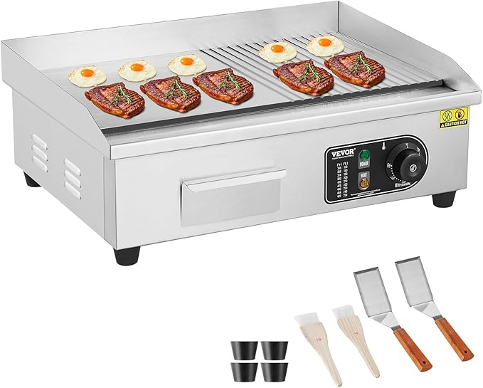 VEVOR Commercial Electric Griddle, 1600W Countertop Half-Flat Top Grill, 22in Stainless Steel Griddle Grill with 2 Shovels and 2 Brushes for Home or Restaurant, 122℉-572℉ Adjustable Temp