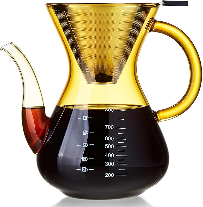 Unbreakable - Pour Over Coffee Maker with Double Stainless Filter 27 fl oz, Thickened Heat-Resistant Borosilicate Glass Pour Over Coffee Dripper, Stovetop Safe