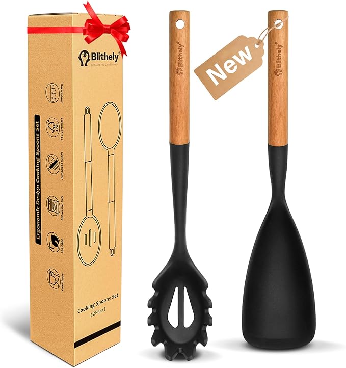 Silicone Cooking Spoon and Pasta Fork Set, 2 Pack Large Spatula Spoons Set with Wooden Handle, Nonstick Multifunction Spoon for Cooking, Serving, Mixing and Spaghetti (Black)