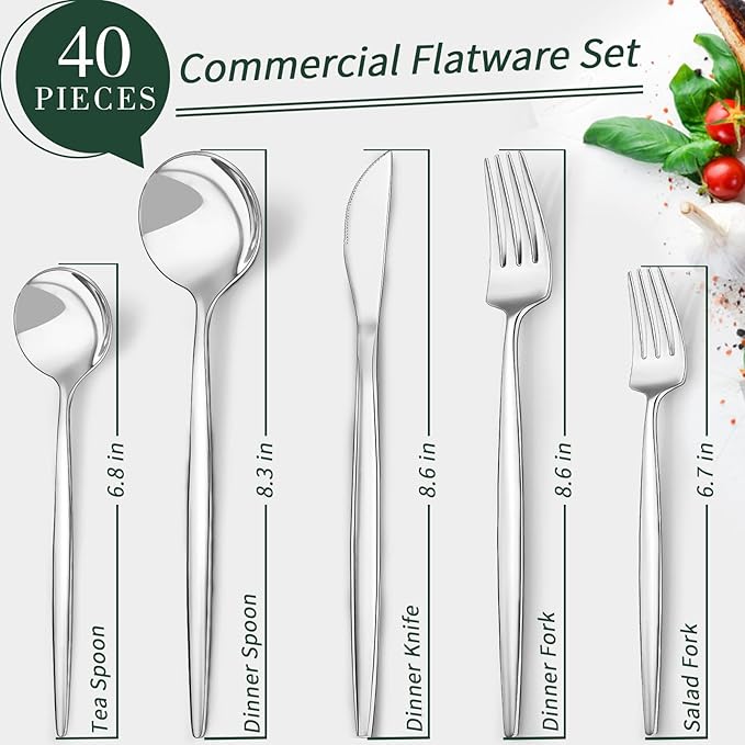 40-Piece Silverware Set for 8, CEKEE Stainless Steel Flatware Cutlery Set Included Knife Spoon and Fork, Kitchen Utensils Set for Home Hotel Wedding Restaurant - Mirror Polished & Dishwasher Safe