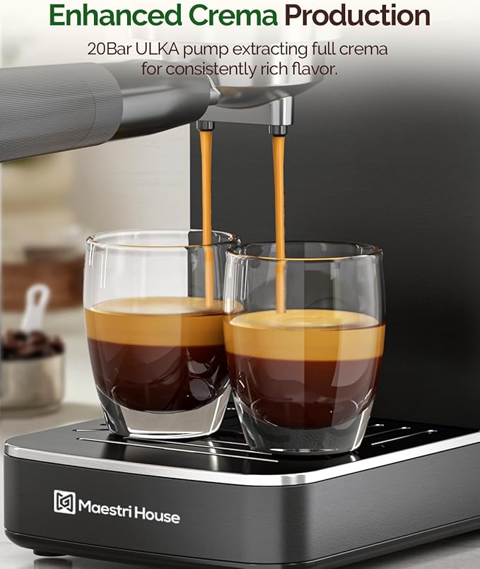 Maestri House Espresso Machine, 20 Bar ULKA Pump, Compact Espresso Maker Built-in Flow Meter Steam Milk Frother, Stainless Steel Coffee Machine for Cappuccino, Latte (Black)