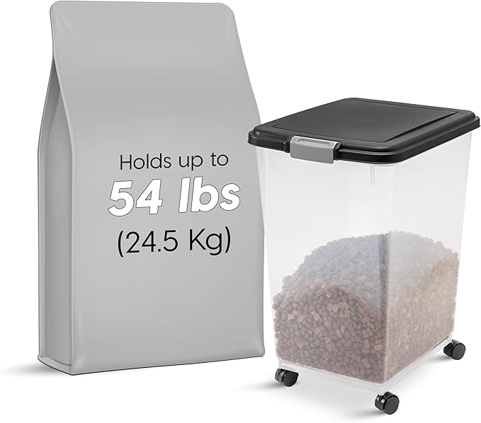 IRIS USA Airtight Dog Food Storage Container, Up to 54 lbs, Attachable Wheels, For Dog Cat Bird and Other Pet Food Storage Bin, Keep Fresh, Translucent Body, Easy Mobility, Black