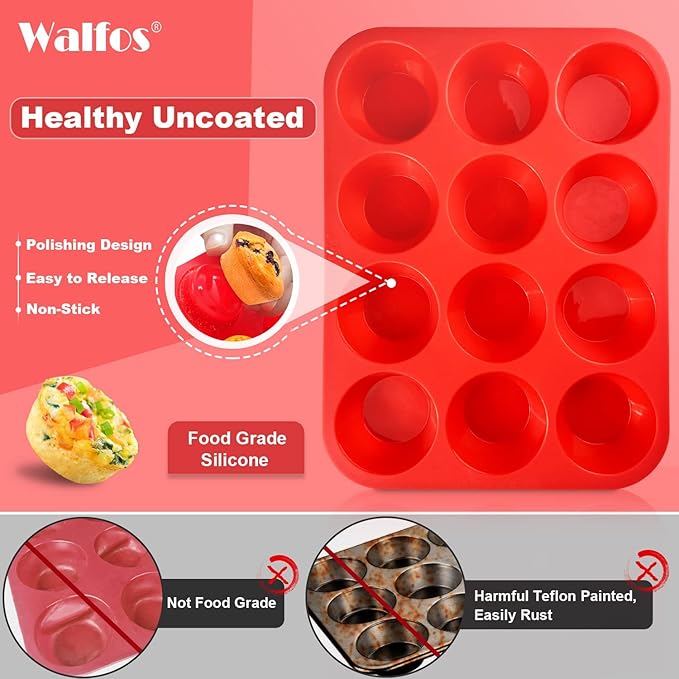 Walfos Silicone Muffin Pan Set of 3, Including Regular 12 Cups Muffin Pans, 24 Cups Mini Muffin Pan & 6 Cups Muffin Top Pan, Non-Stick Cupcake Pan, Easy to Pop Out & Dishwasher Safe