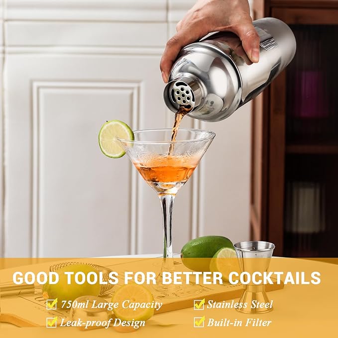 Bartender Kit Cocktail Shaker Set, Stainless Steel Cocktail Kit with 12 Piece Bar Accessories, 25oz Shaker Bar Set Drink Mixer Set with Stand Jigger Strainer Spoon Muddler for Cocktails (Silver)