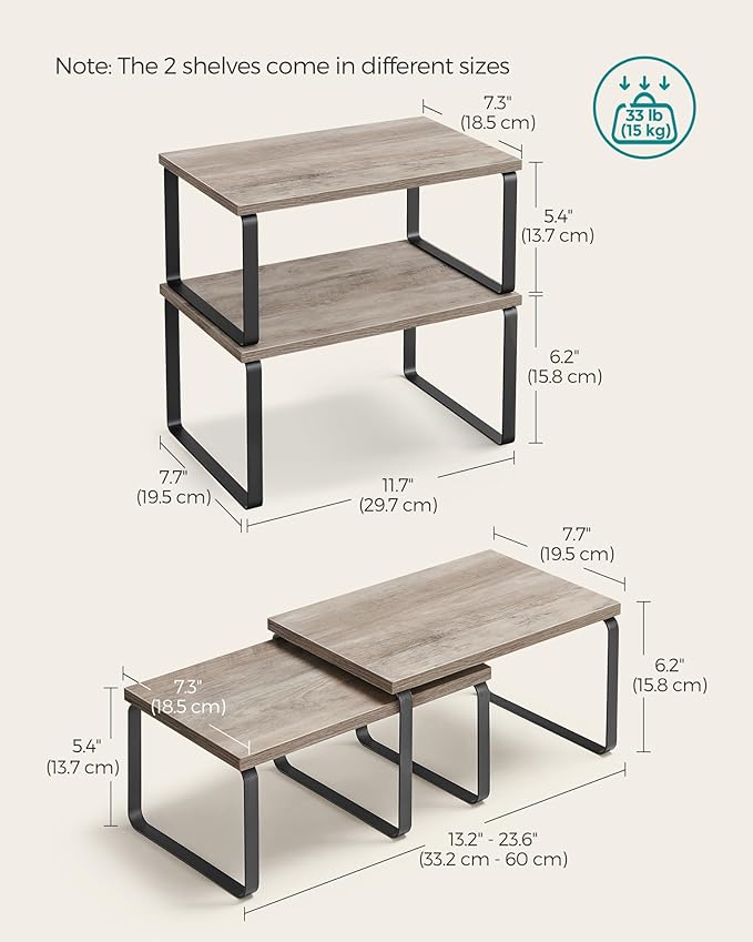 SONGMICS Cabinet Organizer Shelf, Set of 4 Kitchen Counter Shelves, Kitchen Storage, Spice Rack, Stackable, Expandable, Metal and Engineered Wood, Ink Black and Heather Greige UKCS021X02