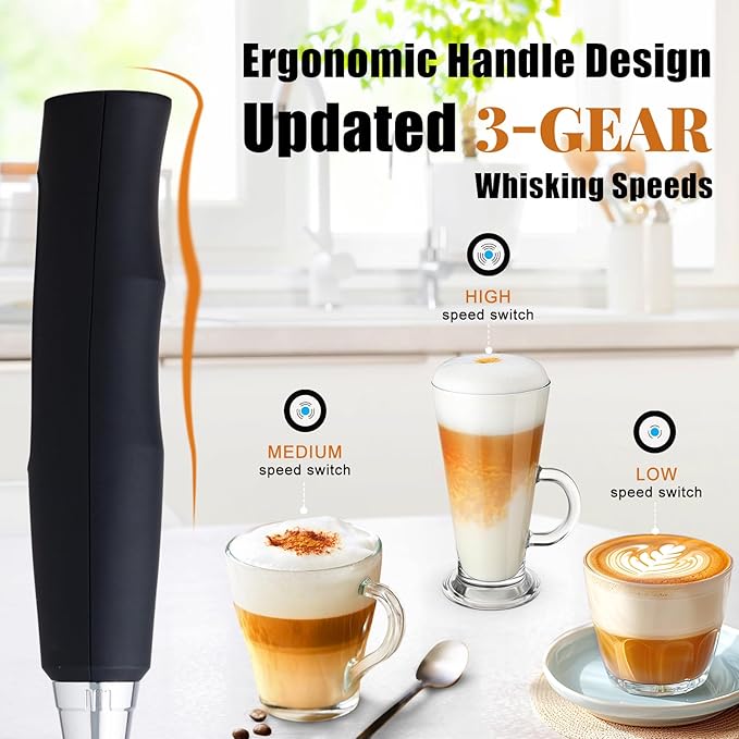 Nahida Black Milk Frother Wand for Coffee, Frother Handheld Rechargeable Electric Whisk Drink Mixer with 3 Heads 3 Speeds Coffee Frother Electric Stirrer For Latte, Cappuccino, Hot Chocolate