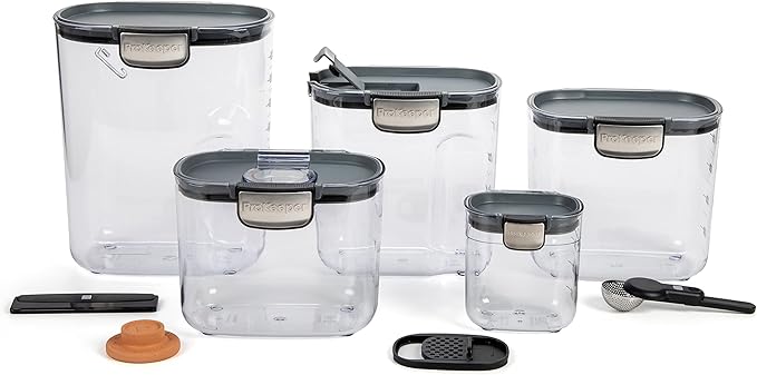ProKeeper+ 9-Piece Airtight Food Storage Container Set – Clear Plastic Flour and Sugar Canister Set with Magnetic Accessories for Kitchen Organization (Grey, 9-Piece)