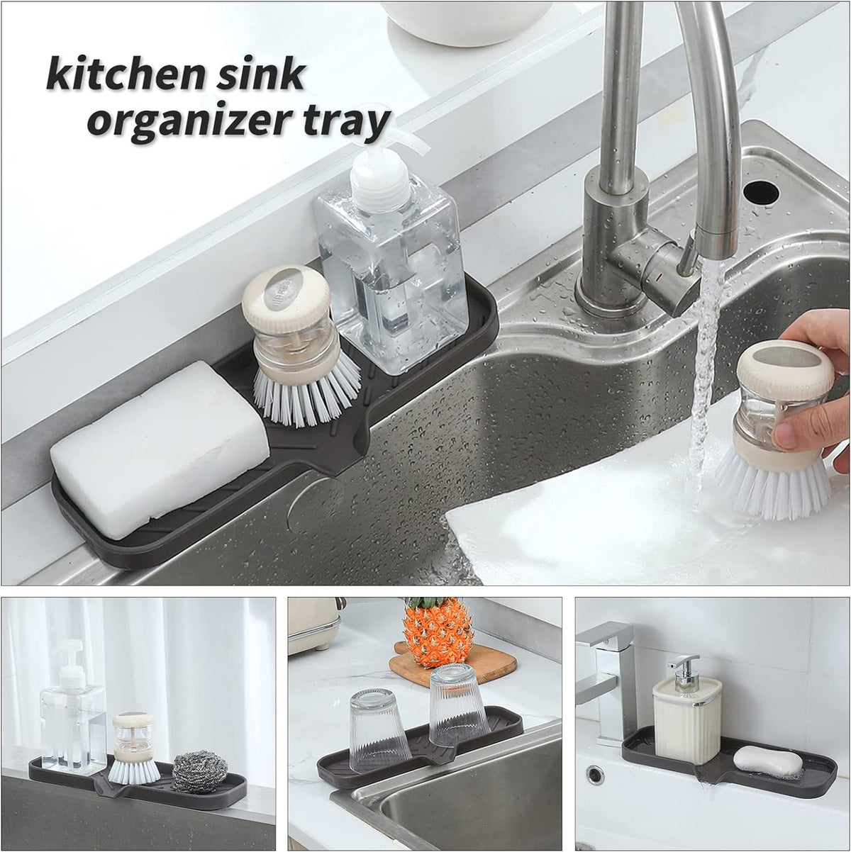 Silicone Bathroom Soap Dishes with Drain Spout-Bathroom and Kitchen Sink Organizer,Sponge Holder,Dish Soap Tray,Perfect for Dispenser,Scrubber,Bottle,Cup on Sink or Counter-Coffee 12"×4"