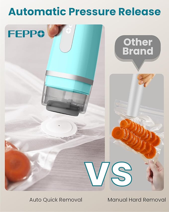 FEPPO Vacuum Sealer for Food with Visible Water Tank, Handheld Saver Compact Vacuum Sealer Machine with 30 Reusable Bags for 6X Preservation & Fresh, Teal