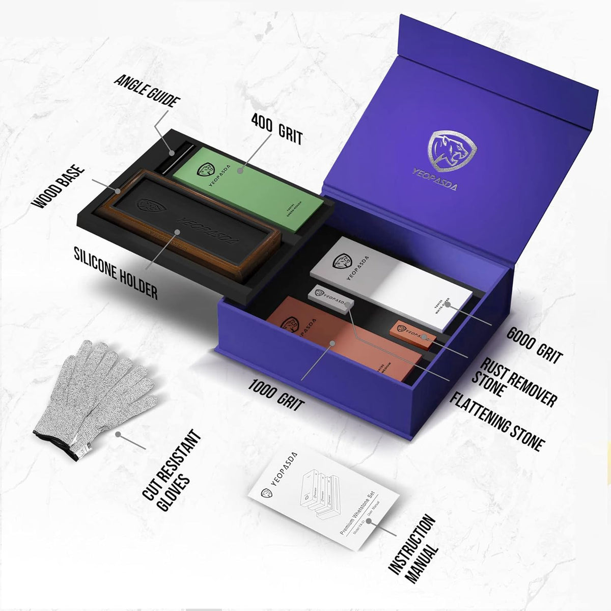 Extra Large Knife Sharpening Stone Kit - YeopAsda Thickered 3 Side Grit 400/1000/6000 Xl Wet Stone - Whetstone Knife Sharpener with Non-Slip Wood Base, Angle Guide, Cut Resistant Gloves