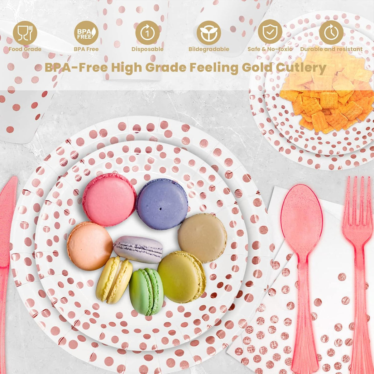 AIRE 175Pcs White Rose Gold Paper Plates Dinnerware Sets for 25 Guests, Party Supplies Disposable Paper Party Plates Napkins Cups Plastic Forks Knives Spoons For Birthday Baby Shower Wedding New Year