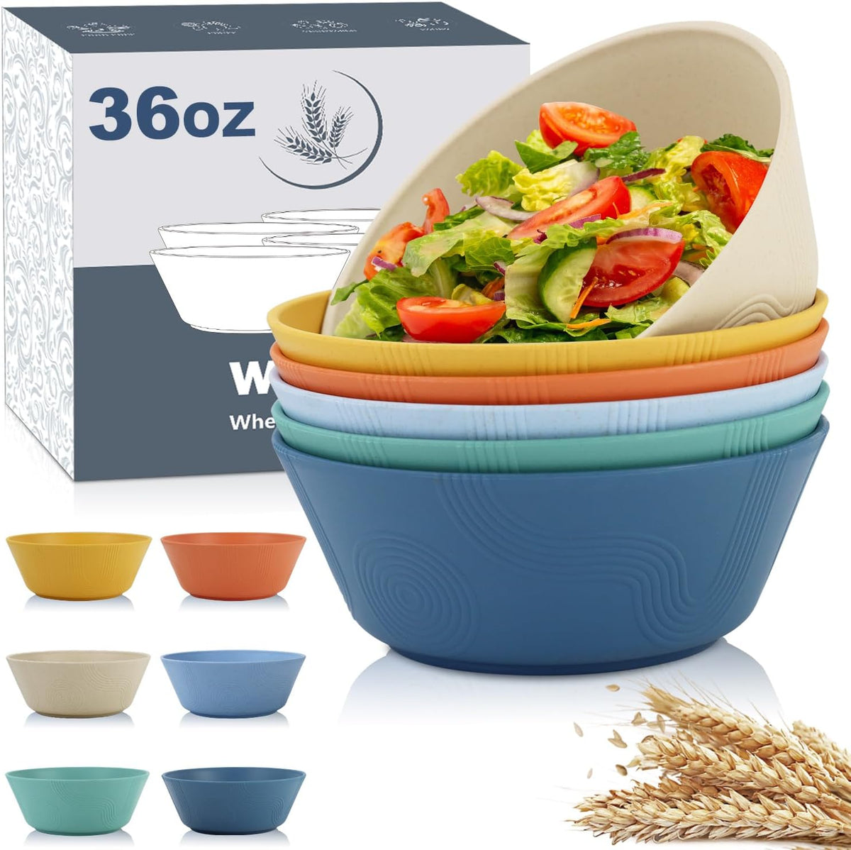 Wheat Straw Bowl Sets with Textured Pattern,6 PCS Unbreakable Cereal Bowl 36 OZ,Microwave and Dishwasher Safe Bowls, Alternative Plastic Bowls for Kitchen,Camping,Apartment and Dorm