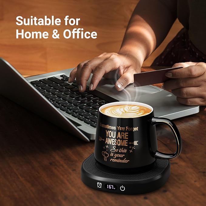 Coffee Mug Warmer & You are Awesome Mug Set, Electric Cup Warmer for Desk, Beverage Warmer with 4 Temperature Setting, 8-Hours Auto Shut Off