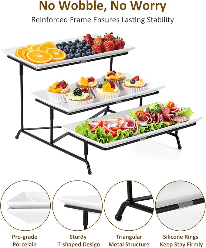 Yedio 3 Tier Serving Trays for Party, Porcelain Serving Platters and Trays, 12 Inch Tiered Tray Stand, Fruit Tray, Trays for Serving Food, White Dessert Stand with Collapsible Sturdier Metal Rack