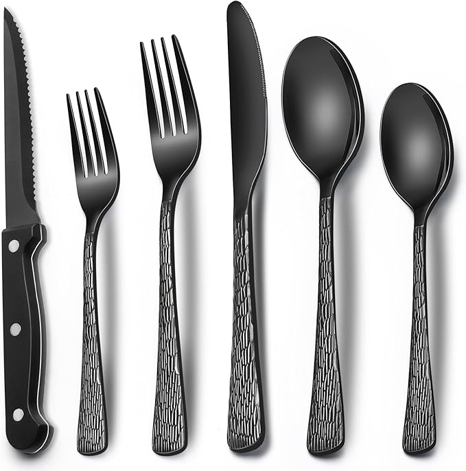 EWFEN 24-Piece Black Silverware Set with Steak Knives, Black Flatware Set for 4, Food-Grade Stainless Steel Tableware Cutlery Set, Mirror Finished Utensil Sets for Home Restaurant, Tree Pattern