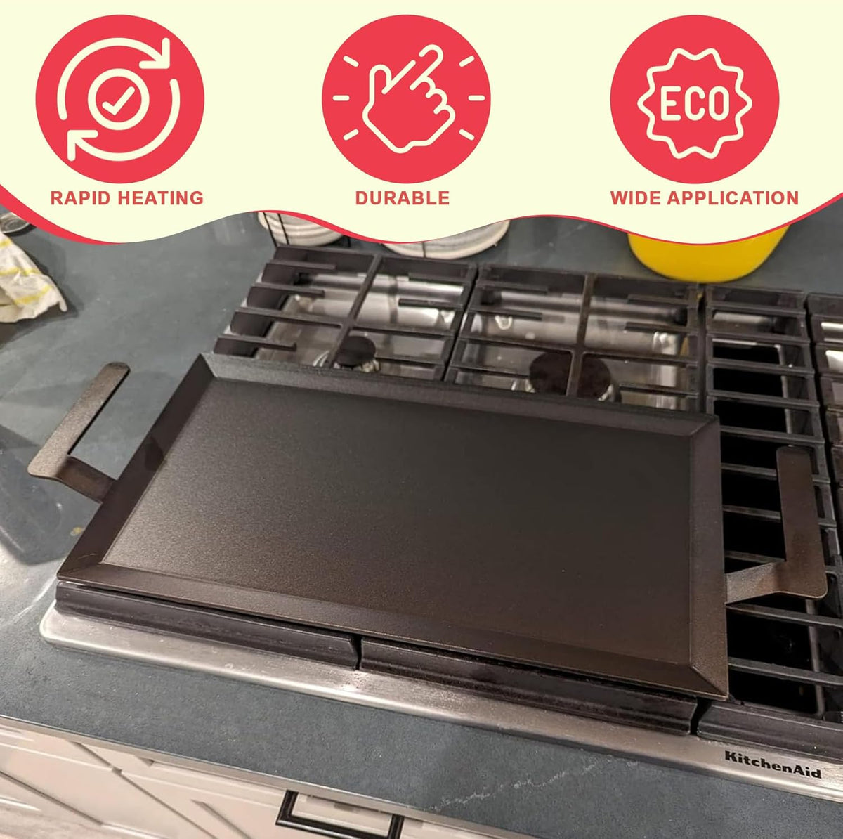 Universal Griddle Insert for Gas Grill with Handles for Stove Top Versatile Stovetop Oven, Flat Top Griddle for Induction Cooktop Gas Stove, 17.5" x 10" Non-Stick Carbon Steel