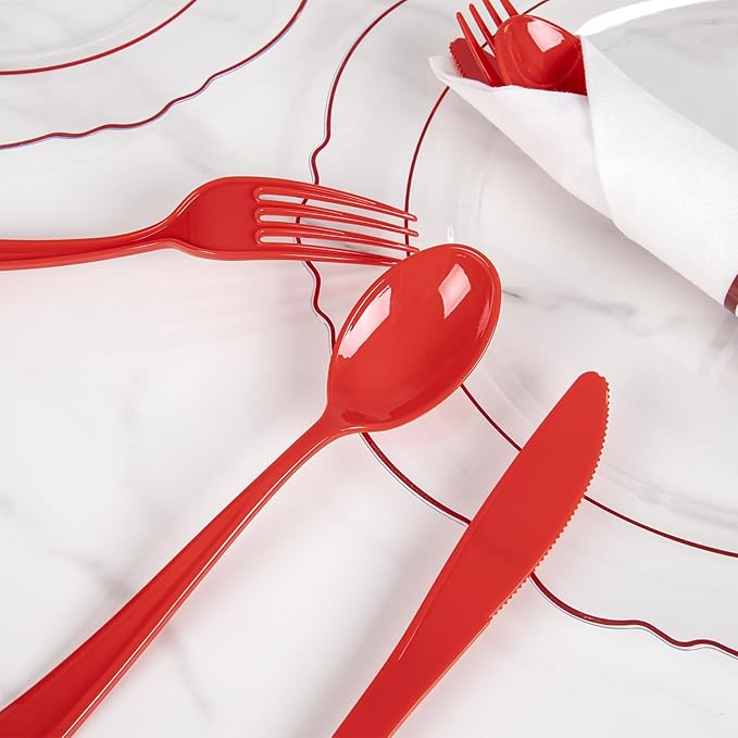 Liacere 400PCS Pre Rolled Red Silverware and Napkin - Disposable Red Plastic Utensils-Wrapped Plastic Cutlery Set with Napkin:100Forks,100Knives,100Spoons,100Napkins for Wedding＆Valentine＆Christmas