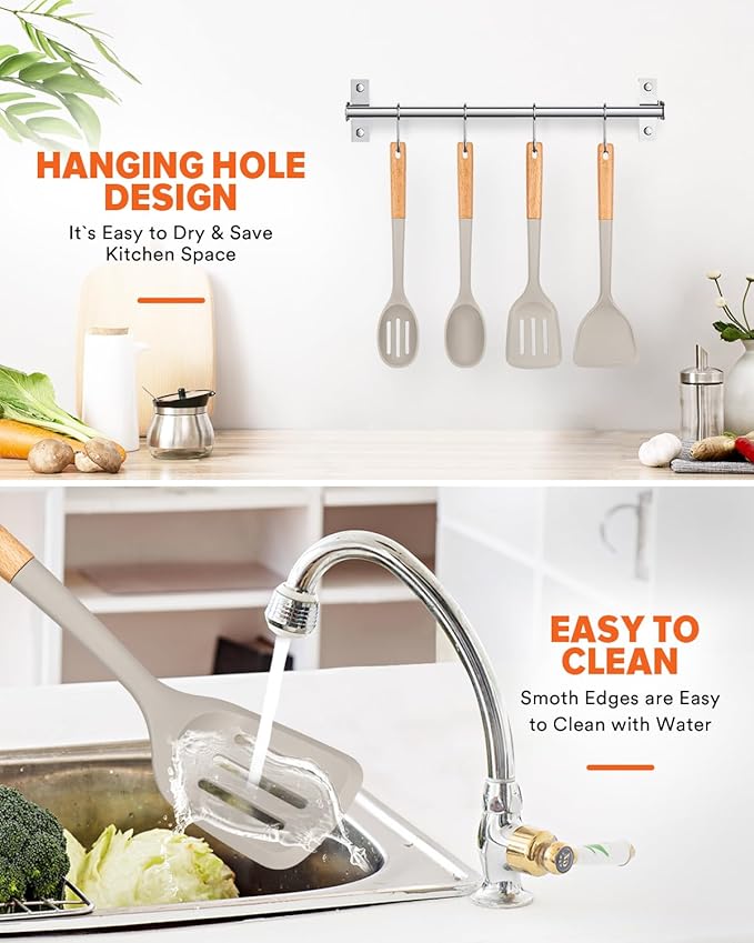 Silicone Cooking Utensils Set, Perfectly Angled for Frying, Mixing,Serving,Draining,Turning and Stirring, BPA-Free Matte Silicone, Wood Handles, Safe for Nonstick Cooking Surfaces,4 Pack (Khaki)