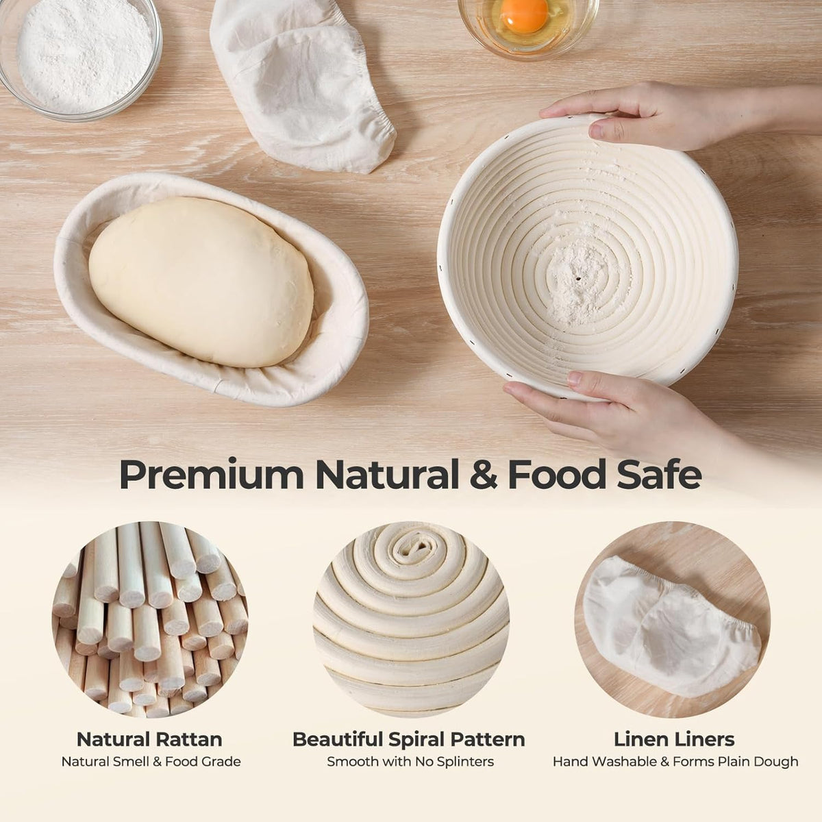 Banneton Bread Proofing Basket Set, 9" Round & 10" Oval Natural Rattan Sourdough Bowl with Linen Liner, Sourdough Starter Kit, Fermented Cloth, Silicone Bread Sling, Ideal for Homemade Bread
