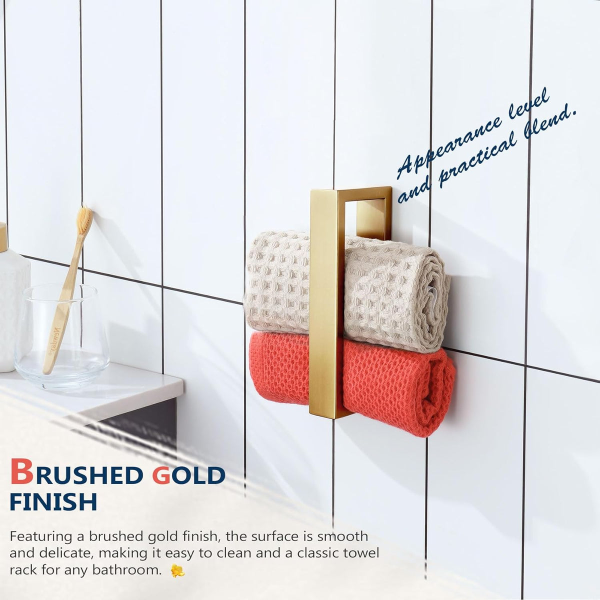 KOKOSIRI Towel Ring Brushed Gold Hand Towel Holder 9 Inch Kitchen Towel Hanger Rack Stainless Steel Bathroom Hardware Wall Mounted, 1 Pack B4008BG-L9