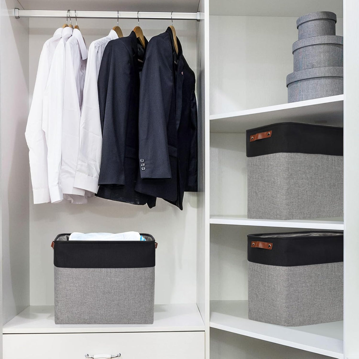 Large Fabric Storage Baskets | 50L Storage Bins, Decorative Linen Closet Baskets with Handles for Organizing, Shelf, Toys, Clothes, Home, Office, Nursery, 17x12x15Inches (Gray&Black)