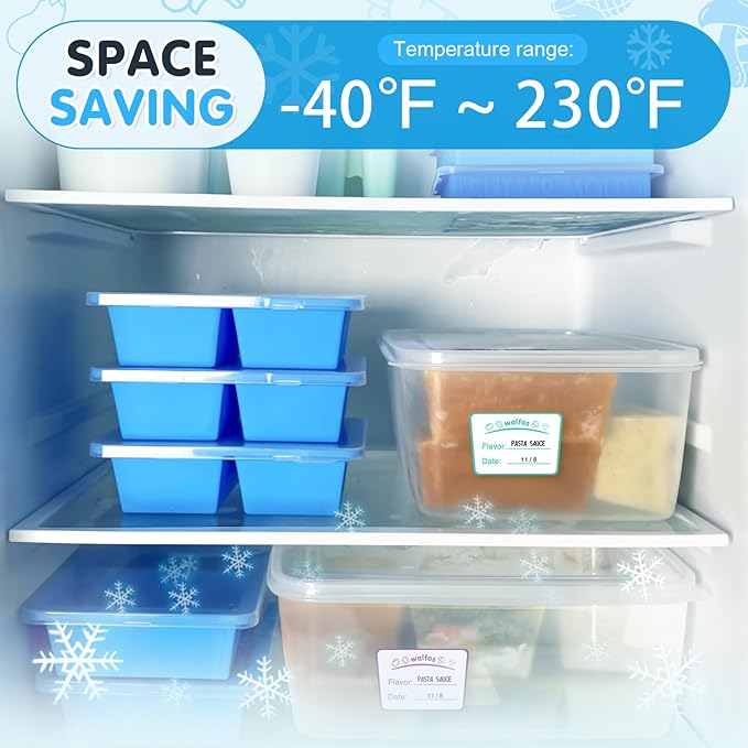 Walfos 1 Cup Silicone Freezer Tray with Lid,Soup Freezer Molds 4 Packs,Bin and Tongs,BPA Free Silicone Freezing Container,Perfect For Storing and Freezing Soup,Broth,Sauce,with 12 Removable Labels