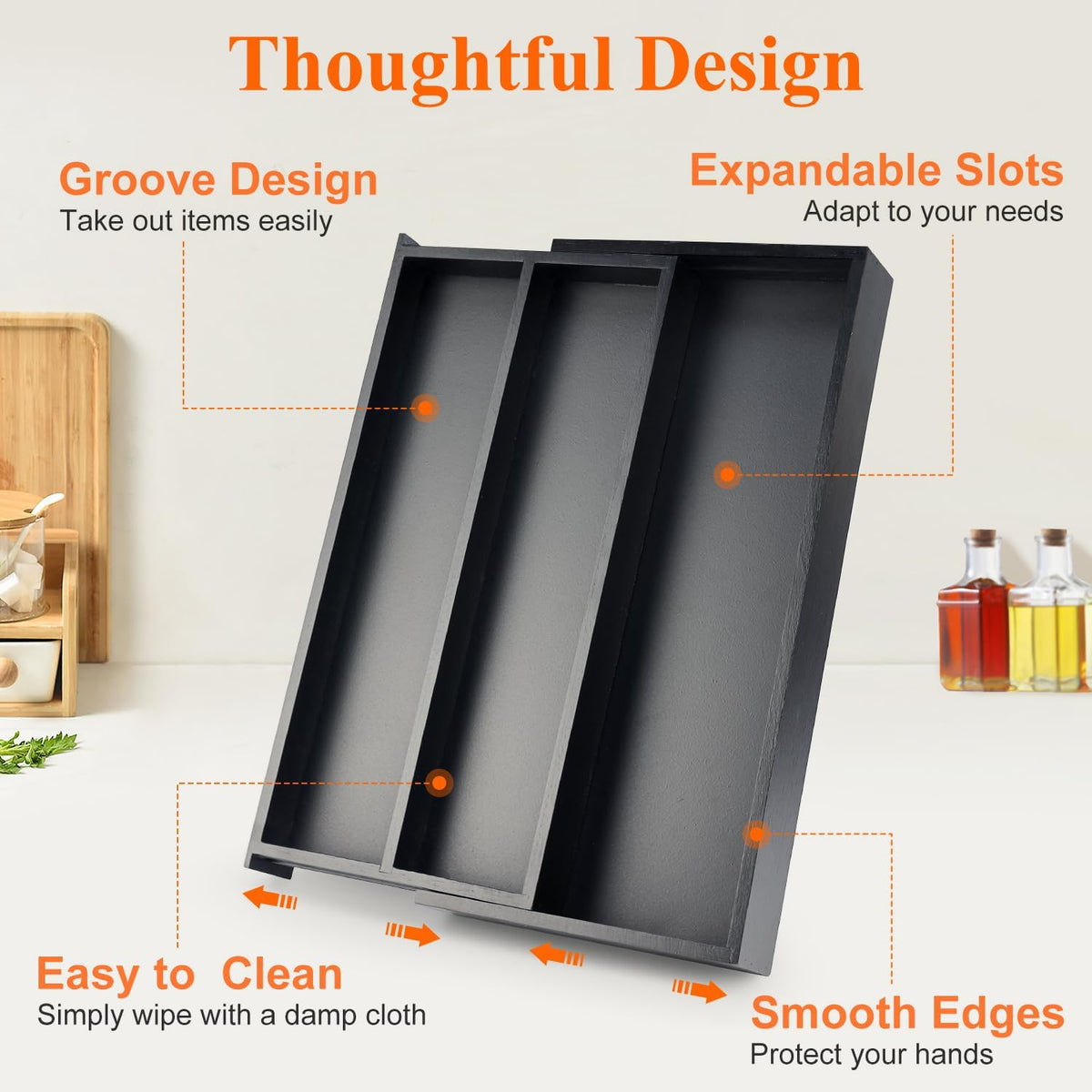 Bamboo Kitchen Tool Drawer Organizer Storage Black Cutlery Tray Expandable Silverware Drawer Divider Organizers Large Cooking Utensil Holder for Drawers Spoon Flatware Organizer Silverware Trays