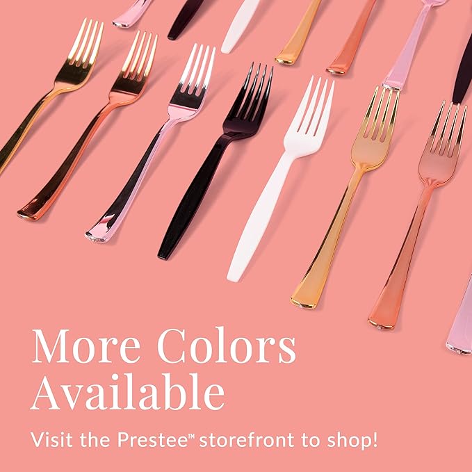 Prestee Set of 100 Rose Gold Plastic Forks Disposable - 7-in Heavy-Duty Fork Flatware - Bulk Pack Fancy Silverware - Sturdy Pink Cutlery for Weddings, Birthday Parties, Buffets, Catering and Events