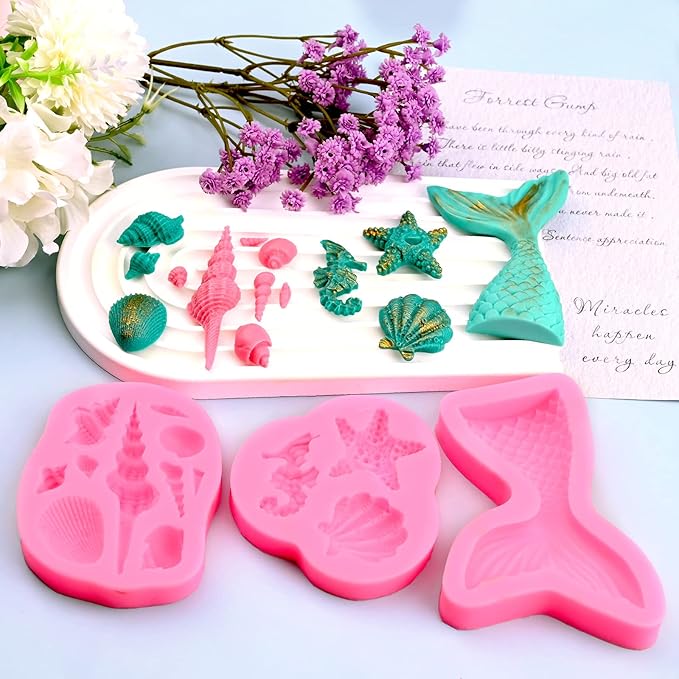 SAKOLLA Mermaid Theme Silicone Fondant Mold - Mermaid Tail Seashell Starfish Hippocampus Conch Silicone Mold for Under The Sea Cake Decoration, Gum Paste, Polymer Clay, Cupcake Decor, Sugar Craft