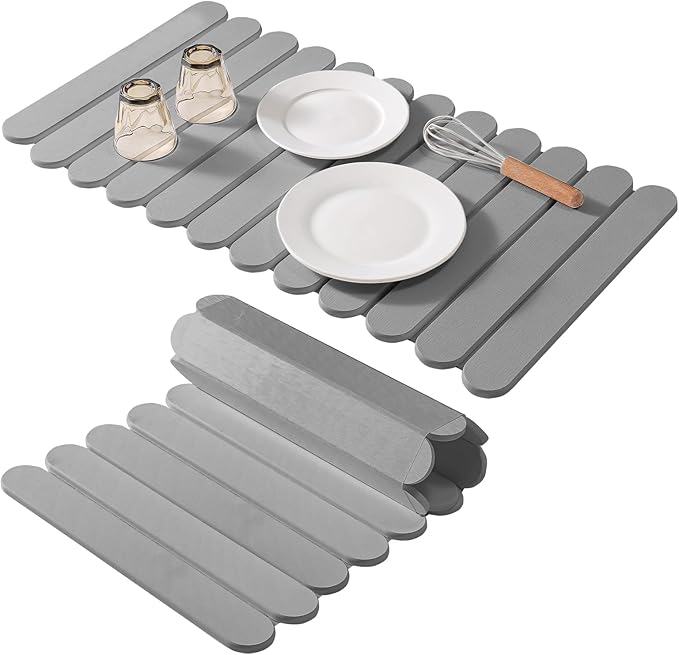 Extral Large Quick Dry Stone Drying Mat for Kitchen Counter,28"(L)x16"(W) Collapsible Eco-Friendly Absorbent Diatomaceous Earth Mat for Dishes Cups,Dish Drying Mats (Medium gray-Ellipse, 28x16 inch)