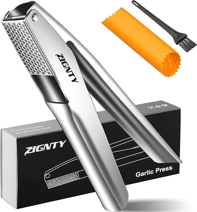 Garlic Press Stainless Steel, Professional Mincer No Need to Peel, Large Trough Presser Ergonomic Handle Easy Squeeze, Ginger Crusher & Masher Dishwasher Safe Rust Proof
