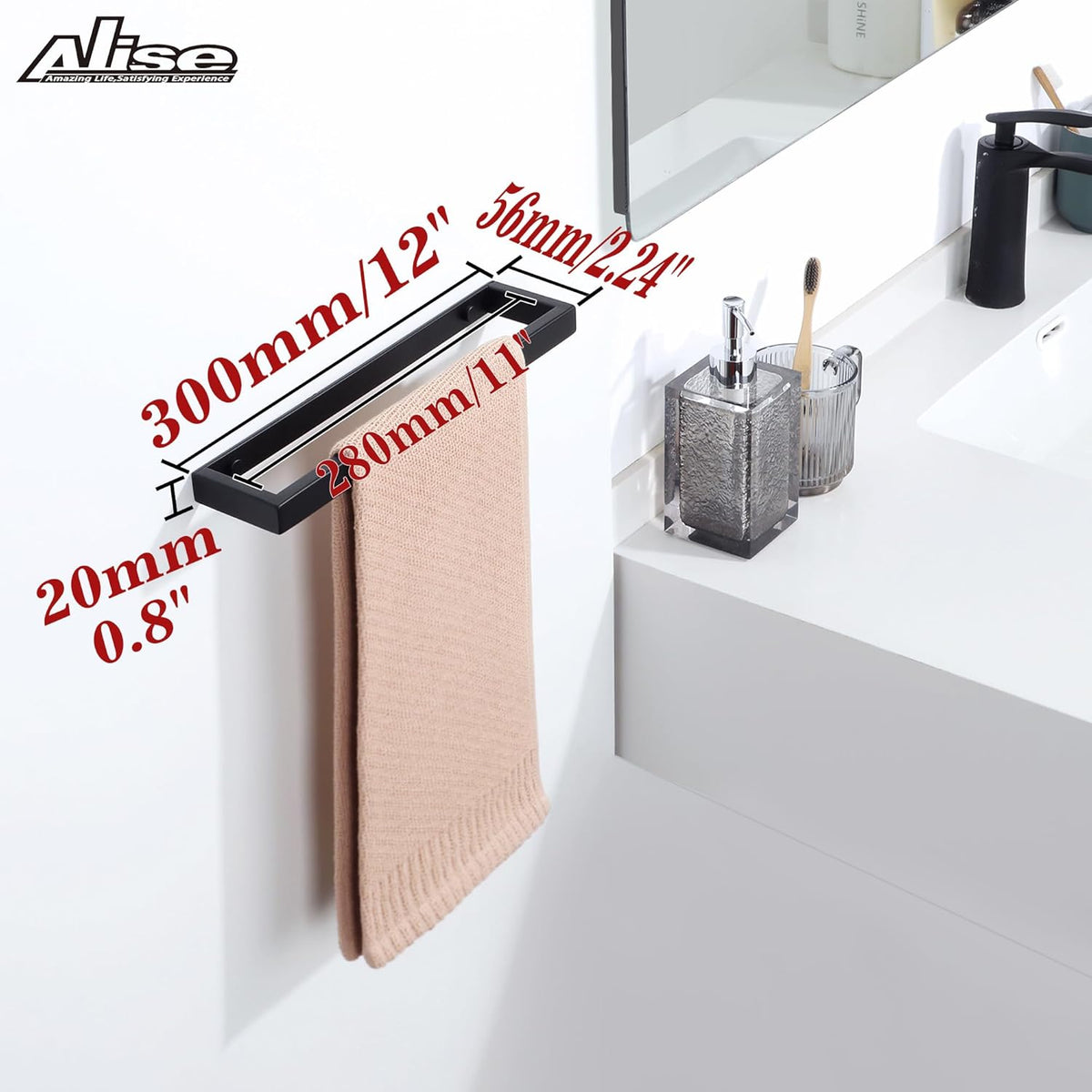 Alise Bath Towel Bars,12 Inch Towel Holder Towel Racks for Bathroom and Lavatory,SUS304 Stainless Steel Hand Towel Hanger Towel Rail Wall Mount,Matte Black GJF030-B