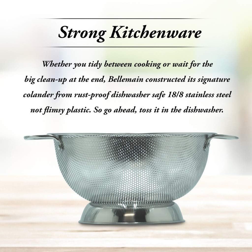 Bellemain 3 Qt Metal Colander with Handle | Pasta, Spaghetti, Berry, Fruit, Vegetable, Kitchen Food Strainer Basket | 18/8 Stainless Steel Colander Bowl | Pot Drainer for Cooking, Sifter Strainer
