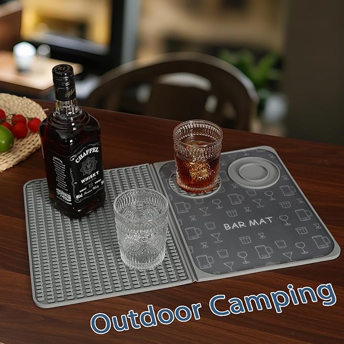 Foldable Bar Mat 18x12 inch - 3-in-1 Silicone Drying Mat with Removable Cutting Board & Rim Tray | Countertop Protector for Home, Outdoor, Travel | Professional Cocktail Accessories (gray)