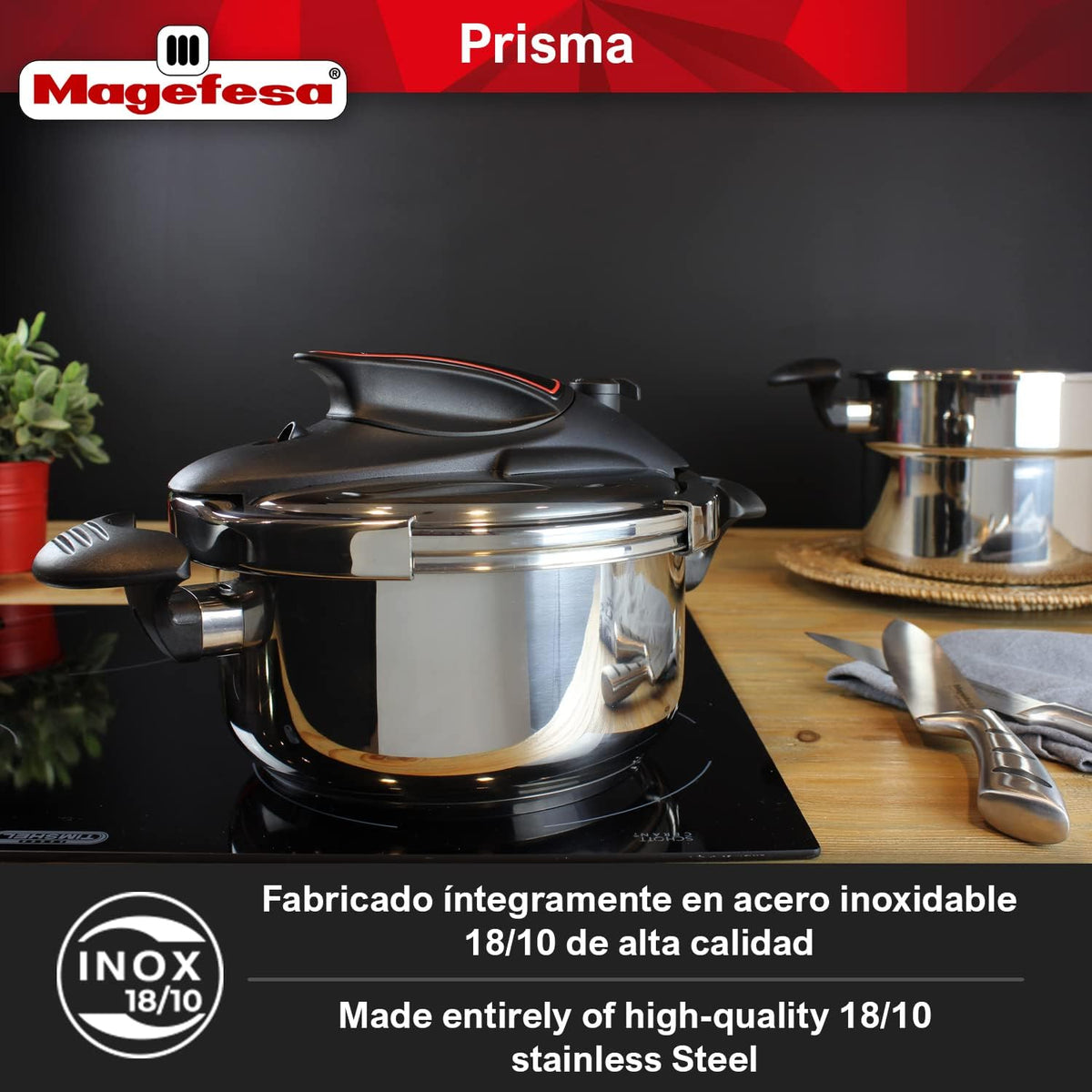 MAGEFESA Prisma Pressure Cooker, 4.2+6.3 Qt, 18/10 Stainless Steel, Easy Lock, Induction Compatible, 5 Safety Systems, 11.6 PSI