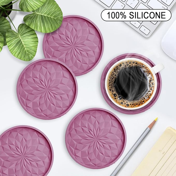 ME.FAN Silicone Coasters with Holder,[6 Pack] Drinking Coasters - Cup Mat for Hot or Cold Drinks, Thickened, Non-Slip, Non-stick,Deep Tray Dusty Rose