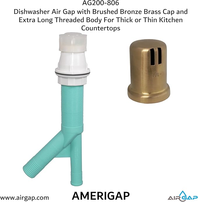 Dishwasher Air Gap with Skirted Brushed Bronze Brass Cap and Extra Long Threaded Body for Thick or Thin Kitchen Countertops (AG200-806, AG200-X06, AMERIGAP)