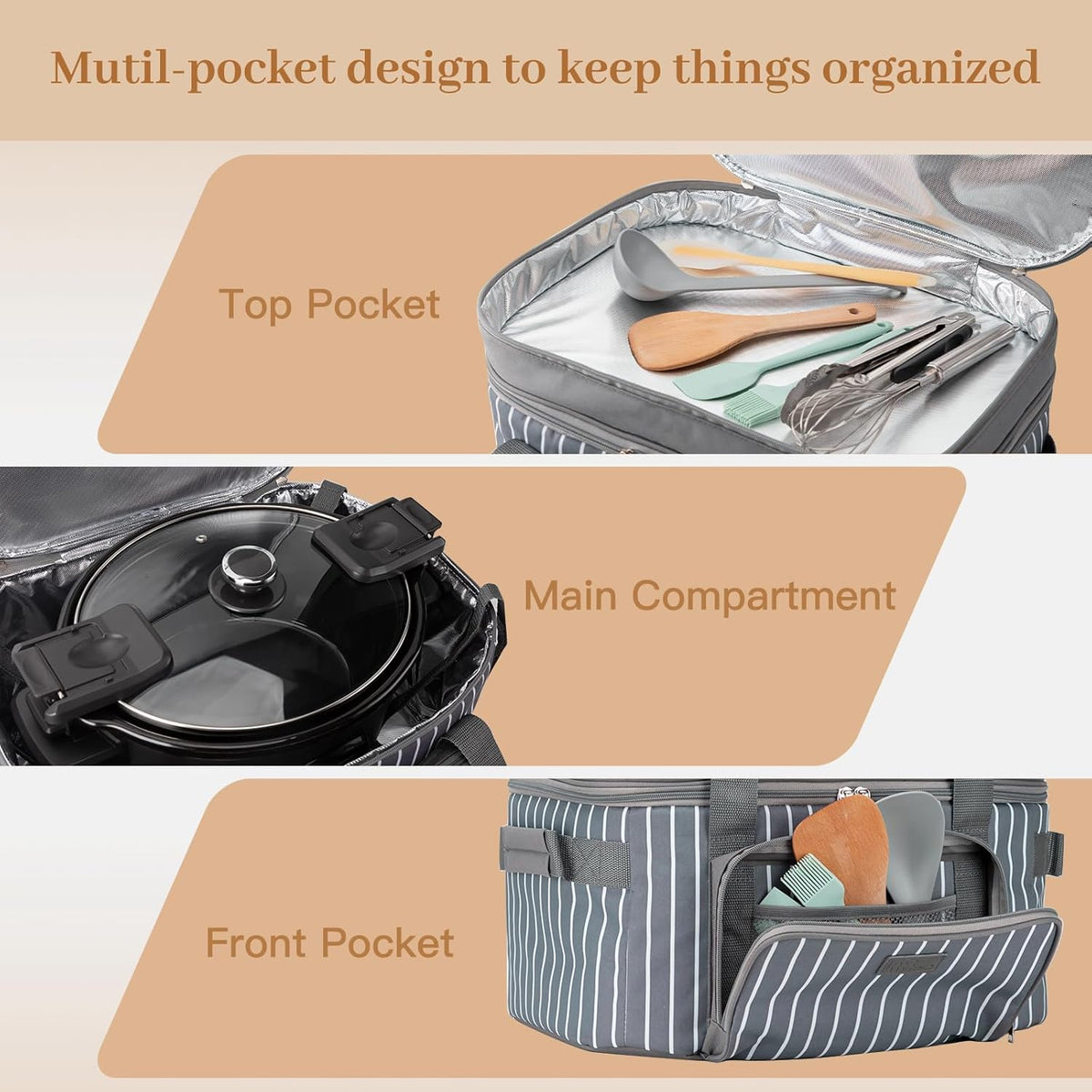 Fun Elements Double Layer Slow Cooker Carrier Bag for 6-8 Quart Oval Crock-Pot, Insulated Crock Pot Travel Bag with Support Pad and Adjustable Straps, Top Zip Compartment and Front Pocket for Utensils