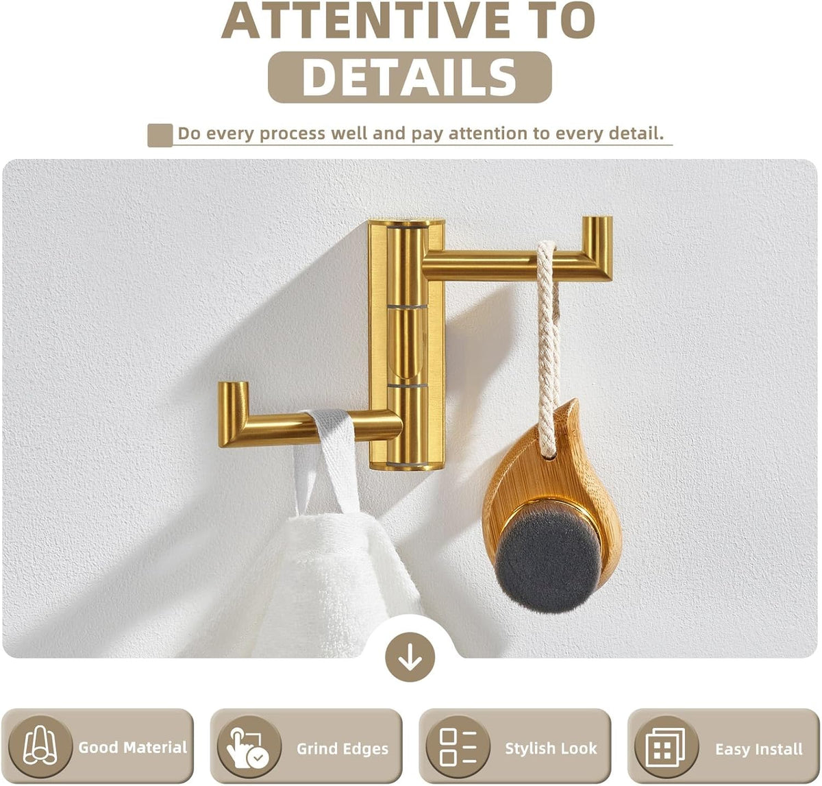 Suyar Brushed Gold Towel Hook, SUS 304 Stainless Steel Bathroom Coat Robe Holder with 3 Swivel Arms, Wall Hook for Kitchen Entry Garage