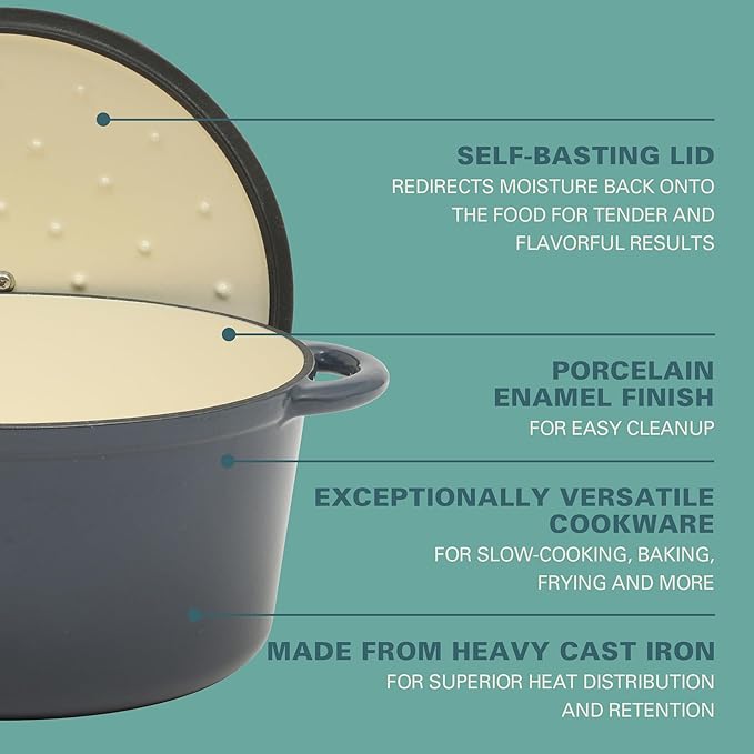 Gibson Home Addlestone 7 Qt Enameled Cast Iron Dutch Oven Pot with Lid – Round, Oven Safe to 500°F, Ideal for Bread Baking & Stews - Gradient Navy Blue