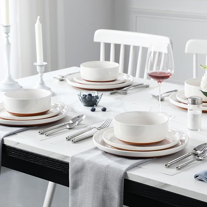 MALACASA Plates and Bowls Sets, 24 Pieces Modern Ceramic Dinnerware Set for 8 Kitchen Stoneware Dishes Dishware Set Microwave and Dishwasher Safe, White, Series TARA