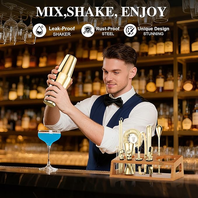 IOV Mixology Bartender Kit Bar Set with Stand | 17-Piece Cocktail Shaker Set | 28oz Boston Shaker Drink Mixer Set with All Essential Accessory Tools | Fun Housewarming Gift (Gold)