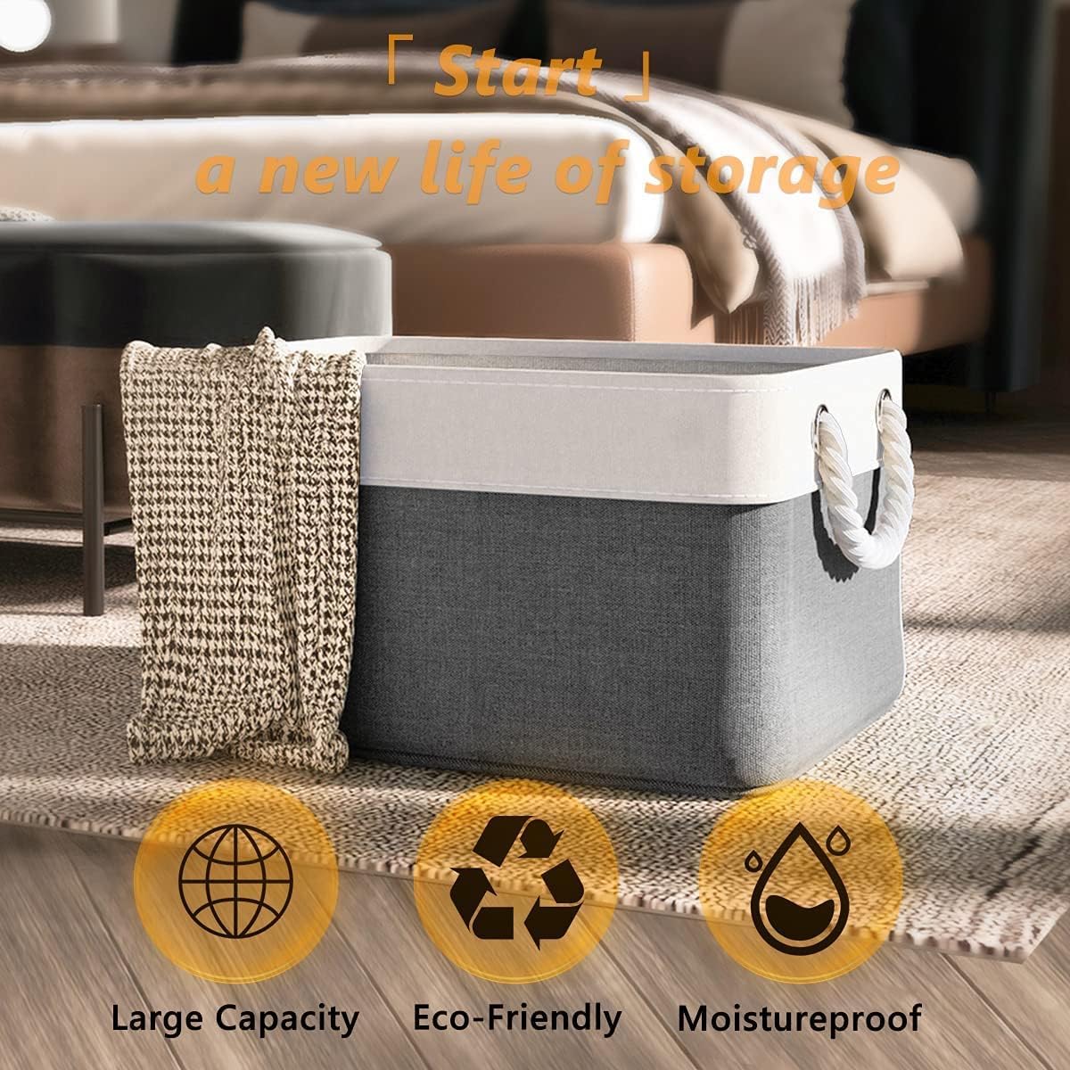 TheWarmHome Organization and Storage Basket for Organizing- 16x12x8 inch 1 Pack Fabric Storage Cubes, Collapsible Storage Bins for Shelves Organizer Gift Closet Cloth Toy (White & Grey)
