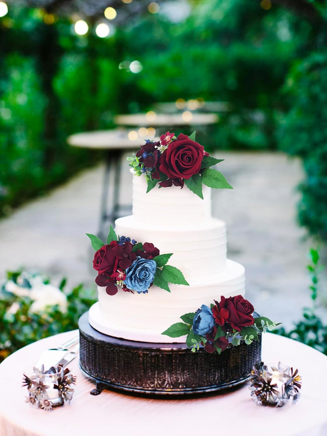 Rinlong 3Pcs Pre-made Cake Toppers - Flowers for Christmas, Wedding, Baptism - Burgundy, Navy Xmas Cake Decorations